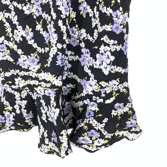 Vintage 90s Midi Dress Womens Size S/M Black Purple Floral Print Ruffle Detail - Picture 4 of 5